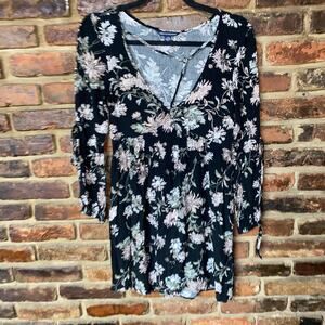 American Eagle Black Floral Long Tie Sleeve Strappy V-Neck Mini Dress Size XXS